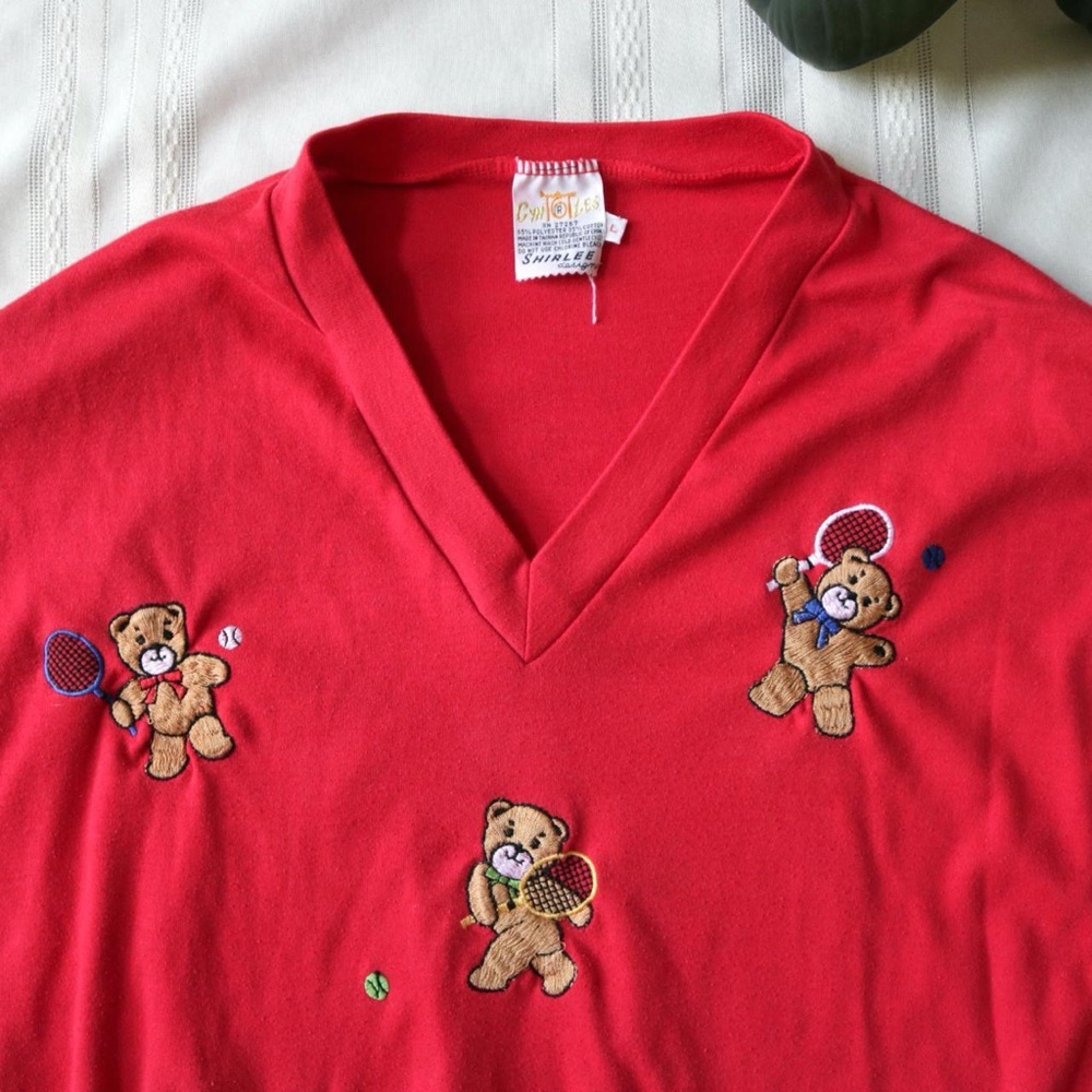 Bears playing tennis embroirdered red sweater